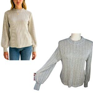 LUSH Grey and White Striped Blouson Sleeve Knit Top Size S